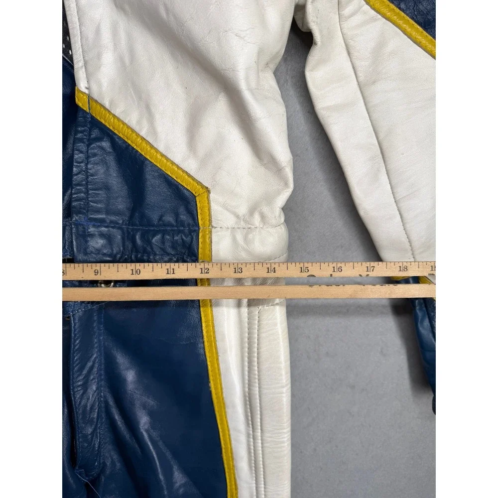 Vintage Leather Motorcycle Racing Suit Blue White Yellow handmade Jumpsuit
